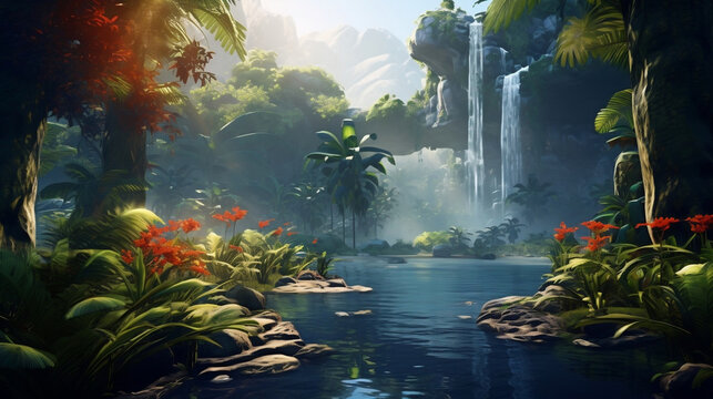 Tropical rainforest waterfall in the jungle landscape. Palm trees pond misty morning flowers and tropics, Generative Ai