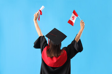 Female graduate student with diploma and Canadian flag on blue background, back view