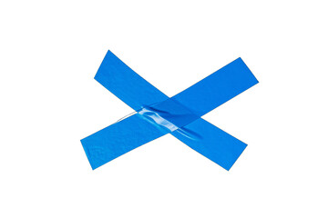 Isolated Blue wrinkled adhesive tape pieces. Strips of insulating tape on transparent background. PNG for design collage overlay. Torn plastic tape.