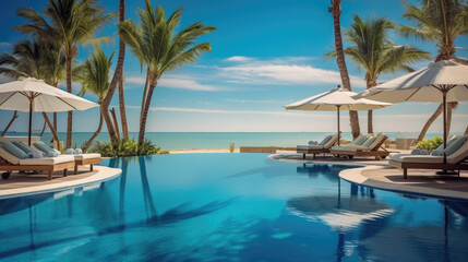 Fototapeta premium Luxurious swimming pool and loungers umbrellas near beach and sea with palm trees
