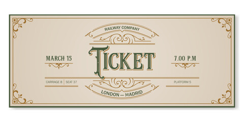 Vintage train ticket template on a light background. For excursion routes, retro parties, clubs, cinema and other stylish projects. Just add your text. Vector, can be used for printing. - obrazy, fototapety, plakaty