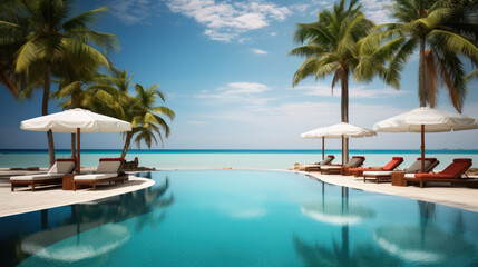 Luxurious swimming pool and loungers umbrellas near beach and sea with palm trees