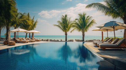 Fototapeta na wymiar Luxurious swimming pool and loungers umbrellas near beach and sea with palm trees