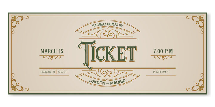 Vintage train ticket template on a light background. For excursion routes, retro parties, clubs, cinema and other stylish projects. Just add your text. Vector, can be used for printing.