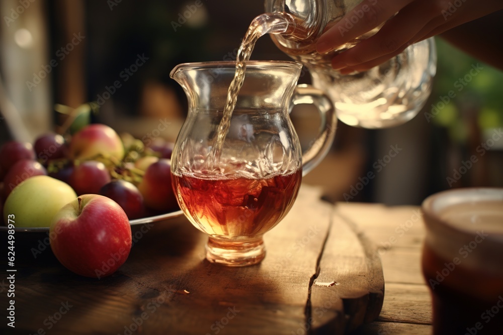 Wall mural woman pouring grape apple juice from jug into glass.