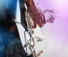 Guitar, studio and man hands at music festival show playing rock with electric instrument with mockup. Sound, musician and party with live talent and audio for punk event with people at a concert