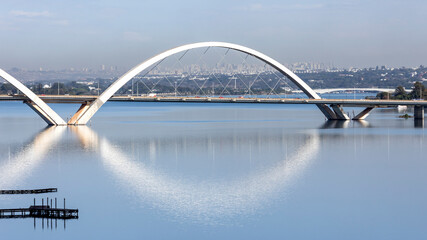 View of north side of the bridge over the lake. JK Bridge. Brasília,  capital of Brazil. Cityscape. Clouds in the sky.