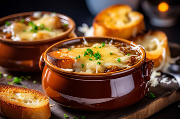
The traditional presentation  of French Onion Soup. Portion of  classic caramelized onion soup served in a clay pot, topped with a golden cheese crouton.
