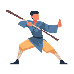 Man Engaged in Wushu or Kung fu with Stick as Martial Arts Vector Illustration