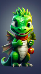 A cute cartoon green dragon spreads holiday cheer, holding a fir branch and Christmas ball. Festive illustration. Happy New Year concept.