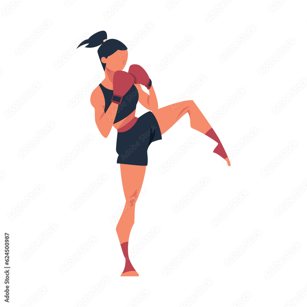 Poster Woman Engaged in Kickboxing Fighting in Gloves as Martial Arts Vector Illustration