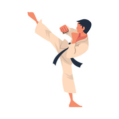 Man Engaged in Karate Punching and Kicking as Martial Arts Vector Illustration