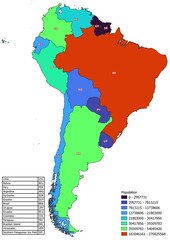 Obraz premium The South America map classified by the number of inhabitants of the countries and with the abbreviation of the countries