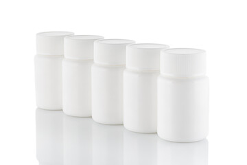 White jar with medicine isolation on white background. Plastic bottle for medicine, powder, pills, tabs, capsules. Close-up