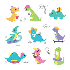Fototapeta na wymiar Cute Baby Dino Character Enjoy Summer Vector Set