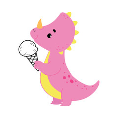Cute Pink Baby Dino Character Eat Ice Cream Enjoy Summer Vector Illustration