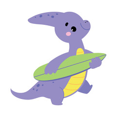 Cute Baby Dino Character Carry Surfboard Enjoy Summer Vector Illustration