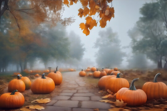 Orange pumpkins lie along the path of the autumn park. Harvest day. Copy space.