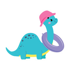 Cute Baby Dino Character with Rubber Ring Enjoy Summer Vector Illustration