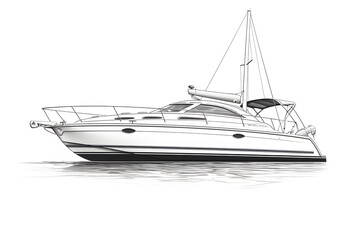 Detailed monochrome sketch of a yacht sailing on calm waters