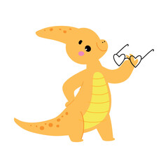 Cute Baby Dino Character Stand with Sunglasses Enjoy Summer Vector Illustration