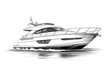 Illustrated luxury yacht moving on water with detailed design - obrazy, fototapety, plakaty
