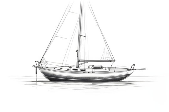 monochrome sketch of a traditional sailboat anchored in still water

