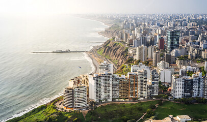 aerial shot of the malecon cliff of miraflores lima peru - obrazy, fototapety, plakaty