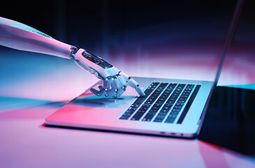 artificial intelligence, robot hand using a laptop, concept of technological advances, hacker, internet - obrazy, fototapety, plakaty
