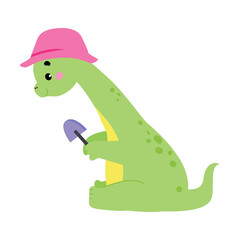 Cute Green Baby Dino Character Play with Spade Enjoy Summer Vector Illustration