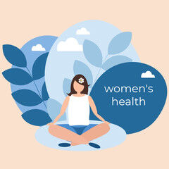 Active woman in emotional balance. Vector poster with copy space. Women's health concept.