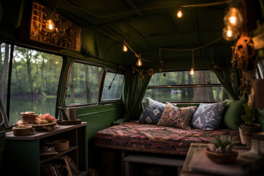 Serene and immersive view from the back of a van, showcasing a serene lake surrounded by lush greenery, with a reflection of the distant snow-capped peaks shimmering on the water's surface, emanating