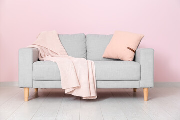 Interior of living room with sofa near pink wall