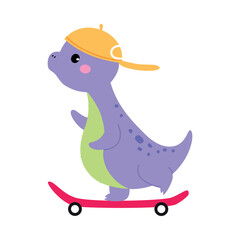 Cute Baby Dino Character in Cap Ride Skateboard Enjoy Summer Vector Illustration
