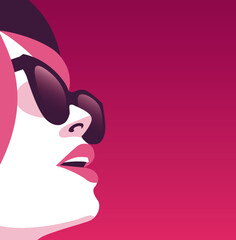 The parisian girl. Colorful vector illustration of a woman, watching the sky, with sunglasses and open mouse. Decorative poster. © Aurore