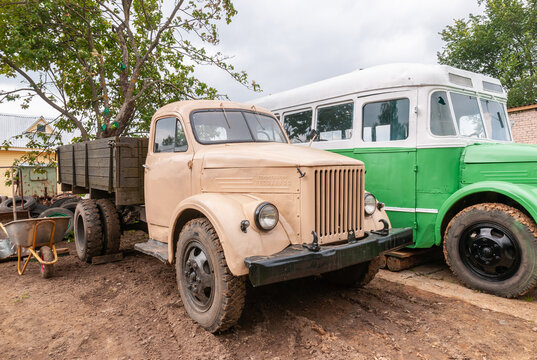 Myshkin, Yaroslavl Region, Russia, August 01, 2013. Museum of Retrotechnics Old garage.