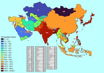 Asia map with countries classified by population density