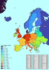 Europe map with countries classified by population density