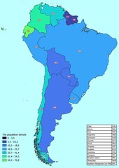 South America map with countries classified by population density