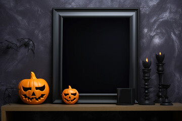 Halloween mockup, shelf with empty frame and holiday decorations. Black frame with pumpkin decor and candles, copy space. AI generated