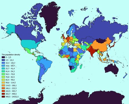 World map with countries classified by population density