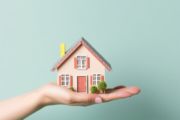 Fototapeta na wymiar Hand holding a miniature house model. Real estate, investment, property insurance, mortgage, home loan, and savings concept. Buying or building new home. Dream house, financial planning. AI generated