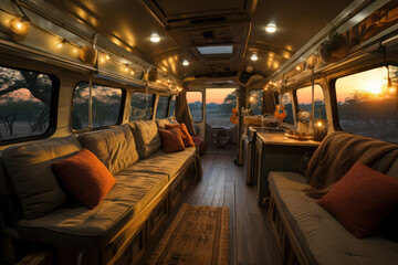 Inviting depiction of a van interior adorned with warm string lights, plush cushions, and a crackling fireplace, creating a cozy atmosphere for relaxation and enjoying the comforts of home on the road