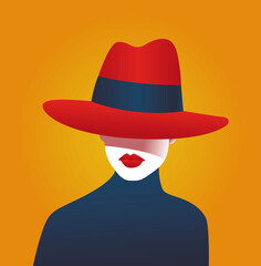 Attitude. Colorful vector illustration, portrait of a woman hidden behind a hat with red lips. decorative poster.