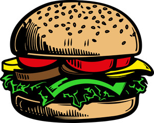 Vintage comic style vector illustration of a fresh tasty cheeseburger, isolated colorful burger