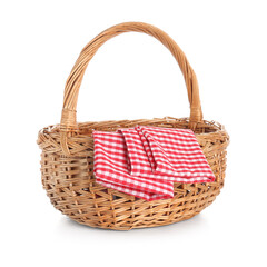 Fototapeta na wymiar Wicker picnic basket with clean napkins on white background