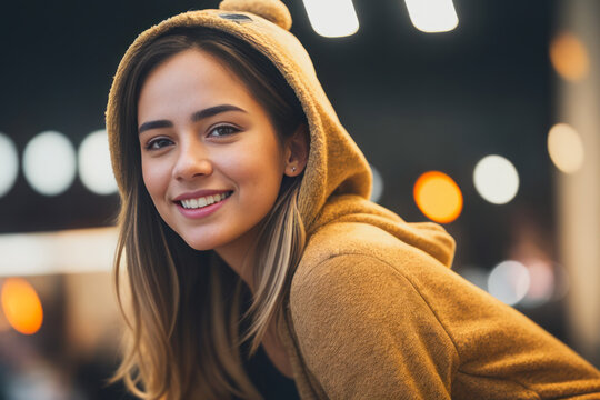 Portrait Of A Smiling Young Scandinavian Woman In A Souvenirs Halloween Store. Concept Of Halloween Celebration. Generative AI