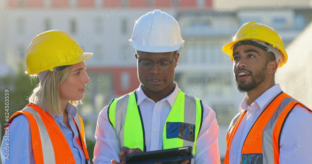 Aufkleber engineering, tablet and group of people planning for building development, progress or design at out