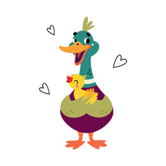 Obraz na płótnie Canvas Funny Dabbling Duck Character Hold Baby Duckling Vector Illustration