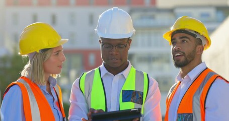 Engineering, tablet and group of people planning for building development, progress or design at outdoor site. Construction, diversity and digital architecture, teamwork and man or manager inspection